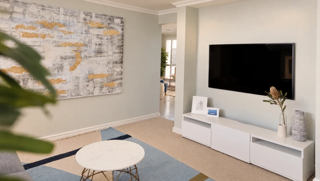 A modern living room with a large abstract painting and a wall-mounted TV above a white media console.