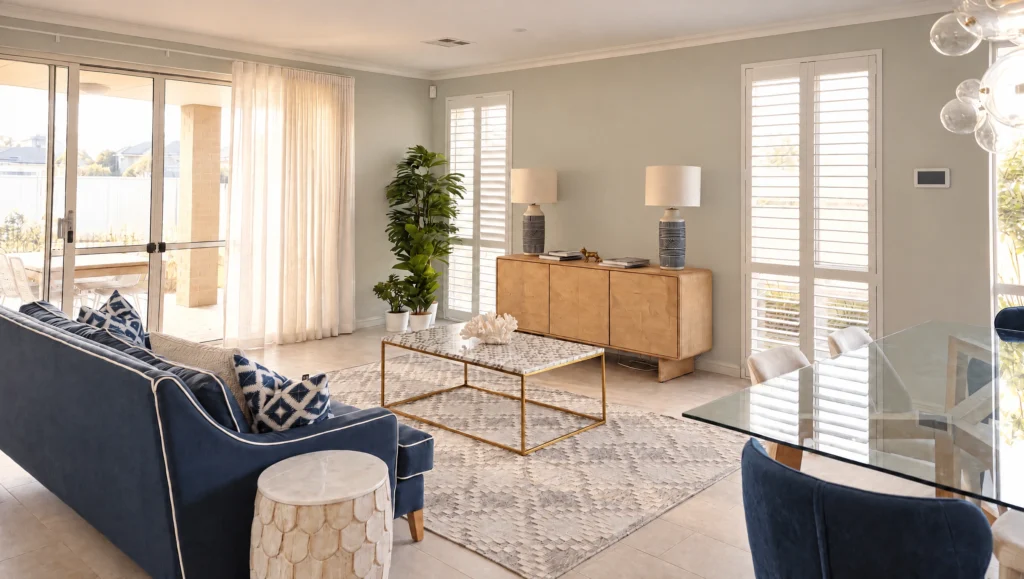 The Twilight Bay living room features a navy sofa, marble coffee table, and wooden sideboard with lamps.