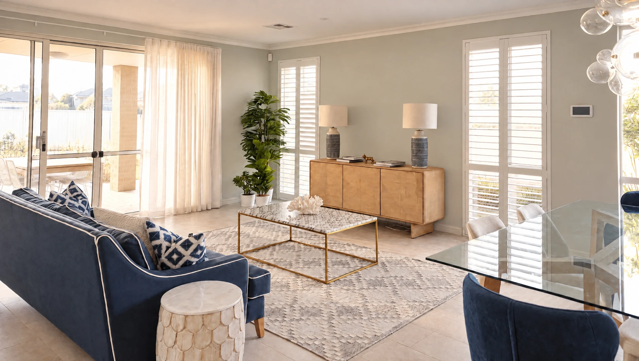 The Twilight Bay living room features a navy sofa, marble coffee table, and wooden sideboard with lamps.