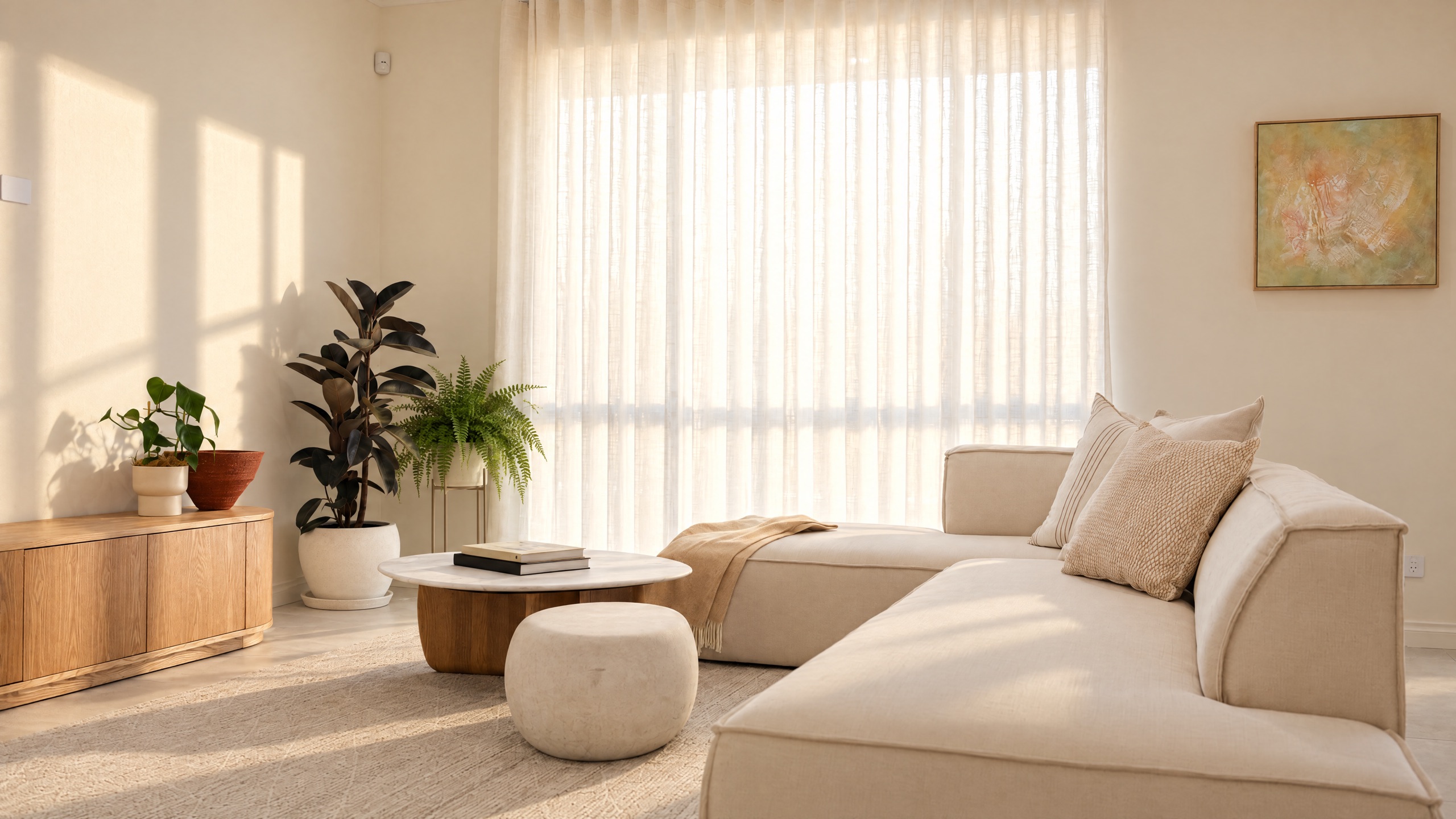 A bright and airy living room with a sectional sofa, coffee table, and plants, featuring sunlight streaming through sheer