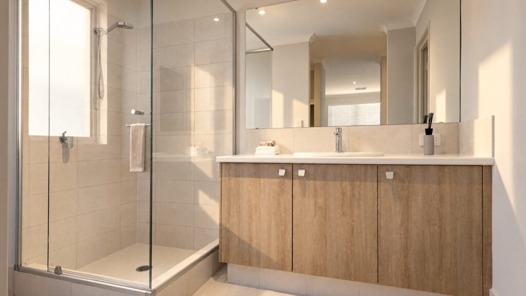 Modern bathroom with a glass-enclosed shower and a wooden vanity with a white countertop and sink.