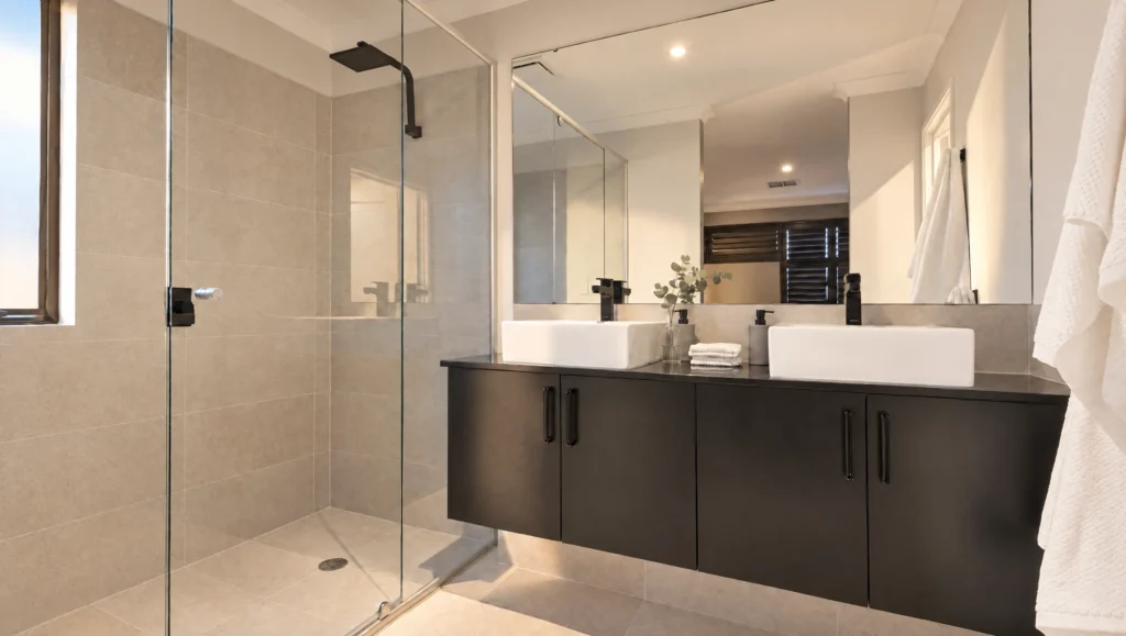 Modern bathroom with a walk-in shower, double vanity with vessel sinks, and a large mirror.