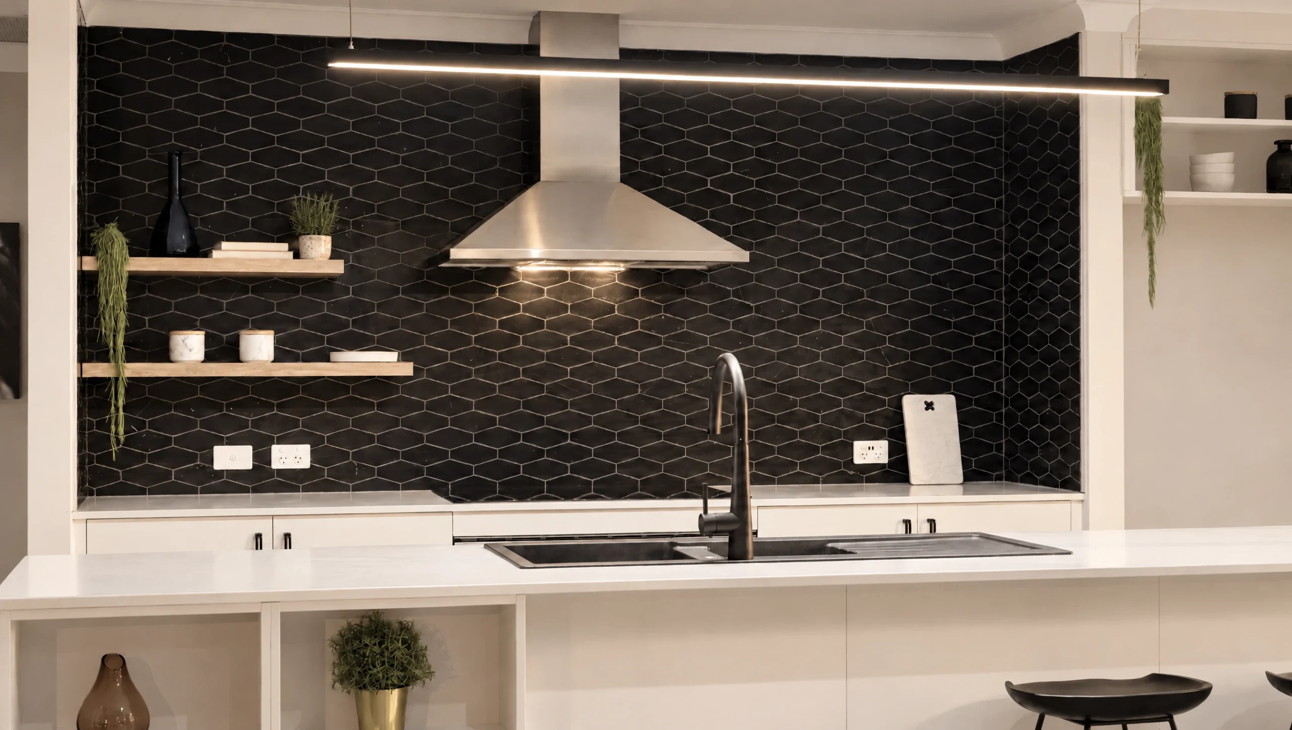 Modern kitchen with black hexagonal tile backsplash, stainless steel range hood, and white countertops.