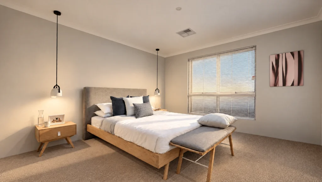 The Yardie Creek bedroom features a king-size bed, bedside table, and modern pendant lights.