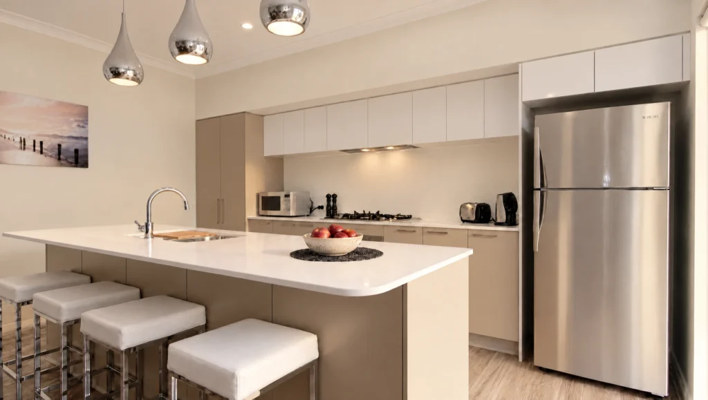 A modern kitchen with a large island, stainless steel appliances, and pendant lighting.