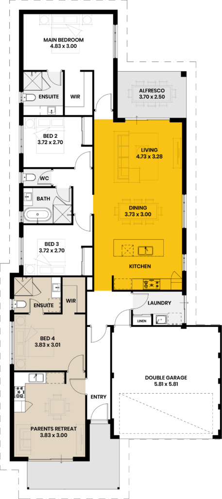 Open plan kitchen, living and dining