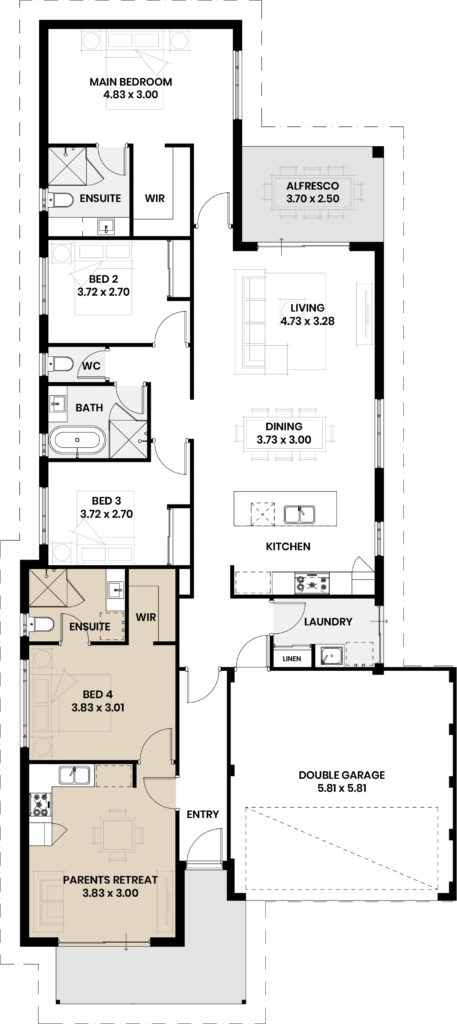 Floorplan of the Ningaloo house design, showing four bedrooms, living areas, and a double garage.