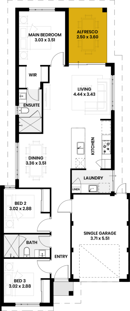 Floor plan showing the Elizabeth Quay house design with alfresco, living, kitchen, laundry, three bedrooms, ensuite, bath