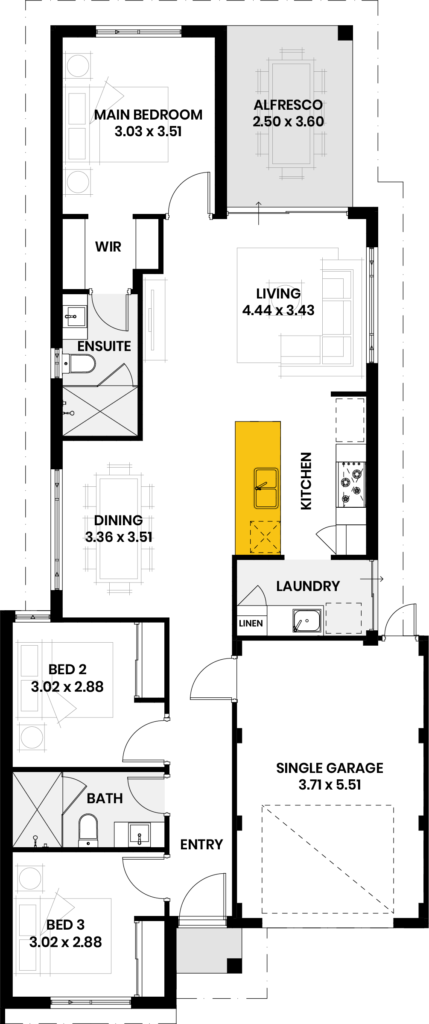 Floor plan showing a three-bedroom home with ensuite, alfresco, laundry, and single garage.