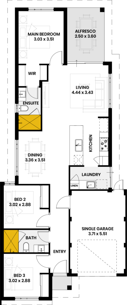 Floor plan of a home with three bedrooms, ensuite, bath, laundry, kitchen, living, dining, alfresco, and single garage.