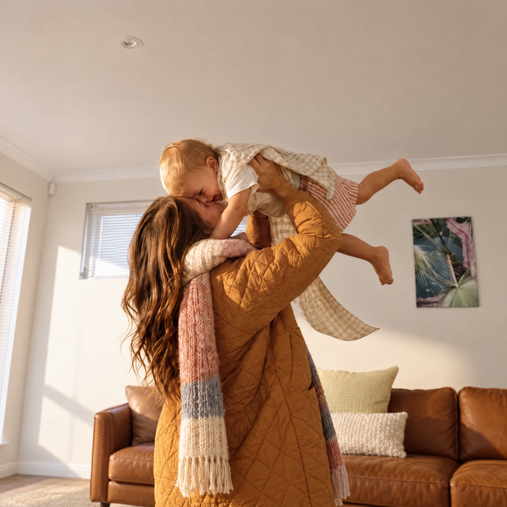 A mother lifts her baby in the air in a living room.