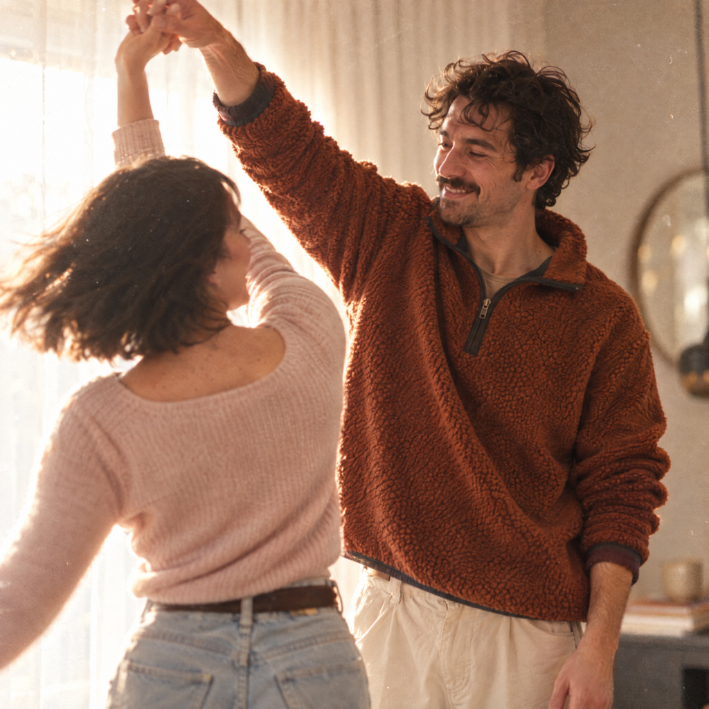 A couple dances joyfully in a sunlit room, symbolizing a happy future.