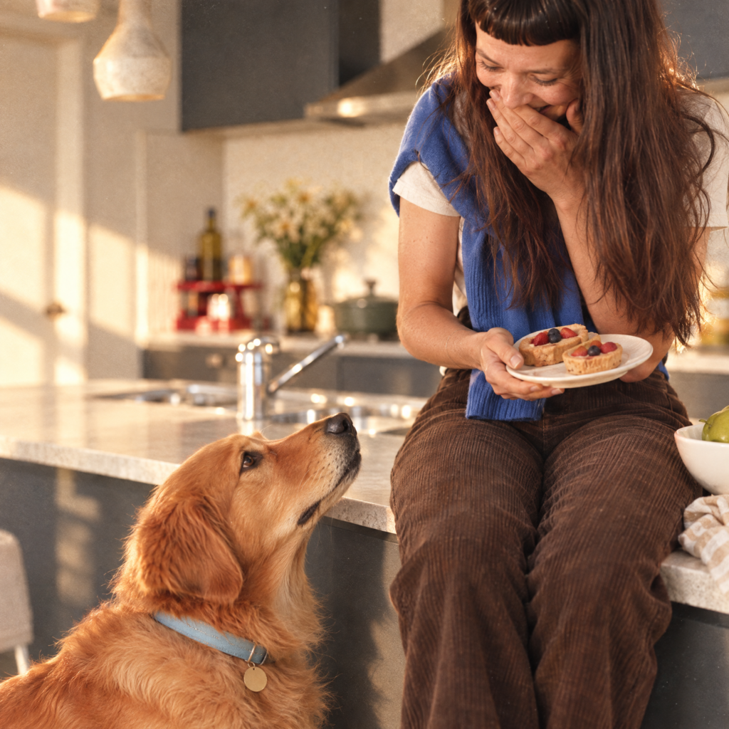 A woman laughs while holding tarts as a golden retriever looks up at her.