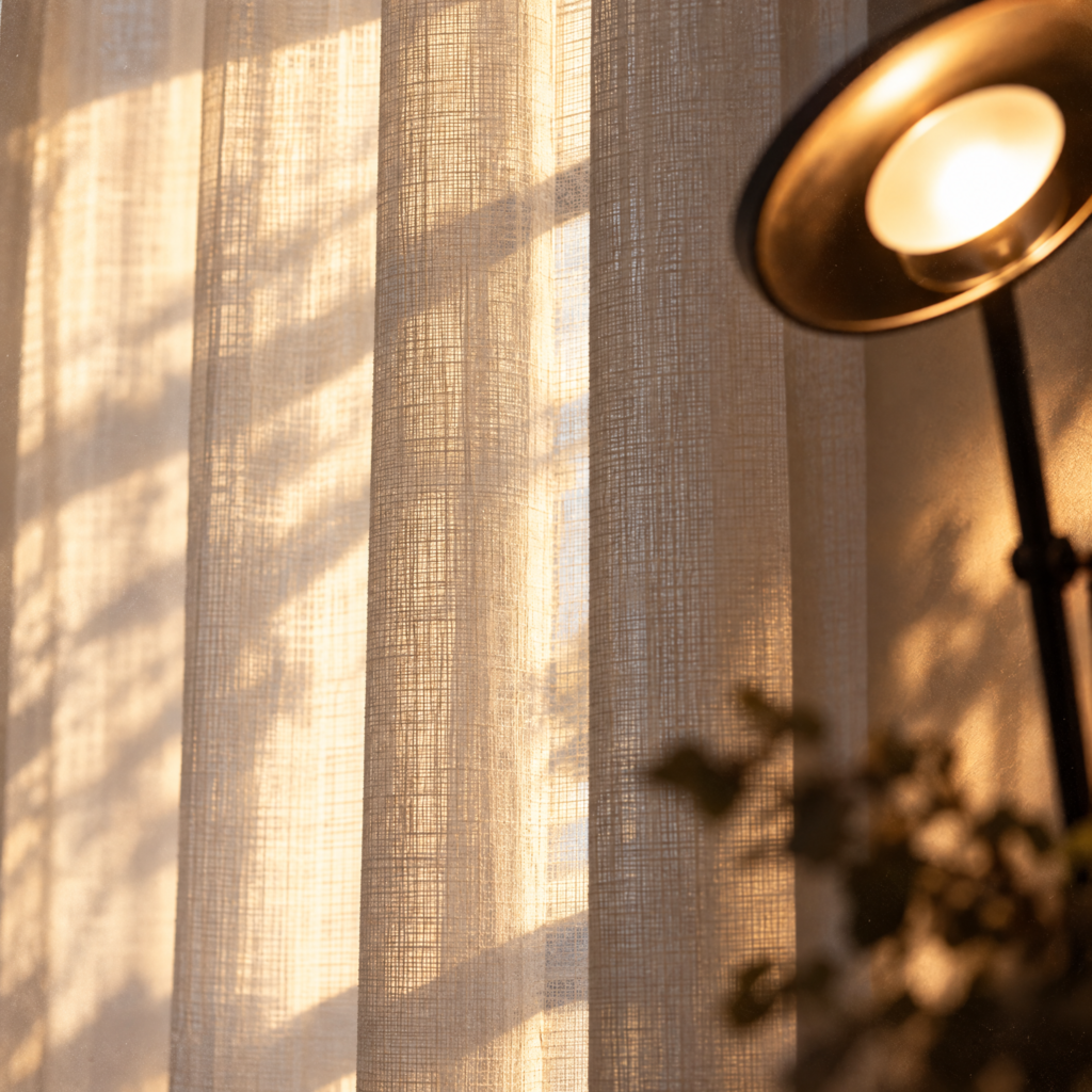 Warm sunlight streams through sheer curtains, casting shadows and illuminating a nearby lamp.