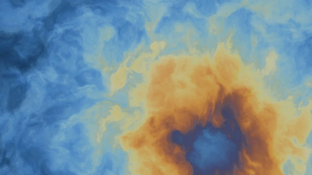 Abstract swirling pattern of blue and orange clouds.