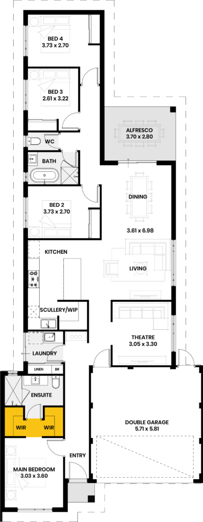 Floor plan of the Monkey Mia home design showing four bedrooms, ensuite, double garage, and open-plan living areas.