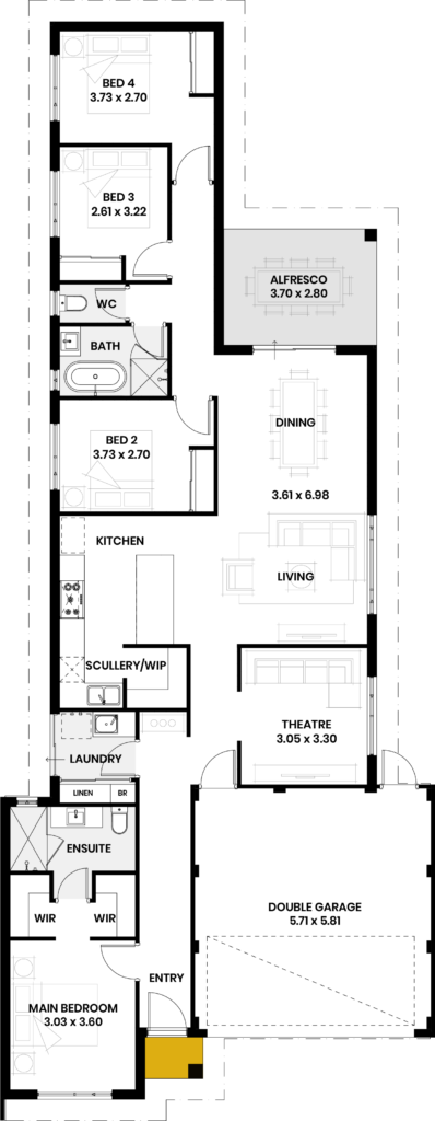 Floor plan of the Monkey Mia house design showing four bedrooms, ensuite, double garage, and open-plan living.