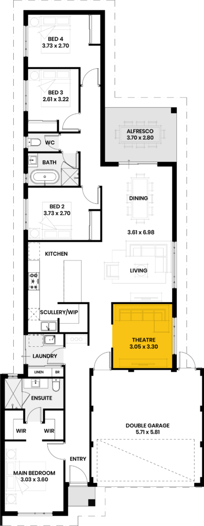 Floor plan highlighting the Monkey Mia theatre room (3.05 x 3.30) within a four-bedroom home.
