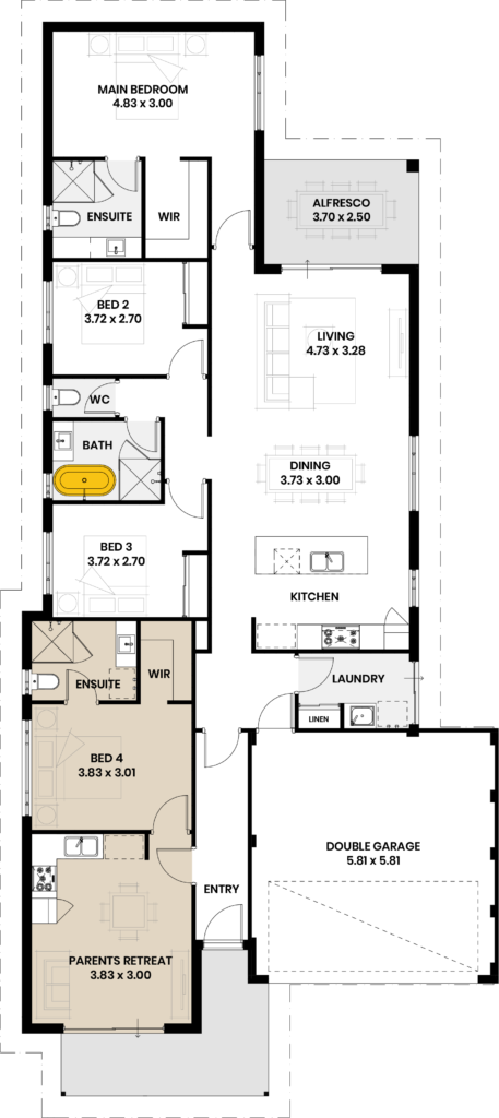 Floor plan of the Ningaloo house design showing four bedrooms, two ensuites, living, dining, kitchen, laundry, alfresco, and