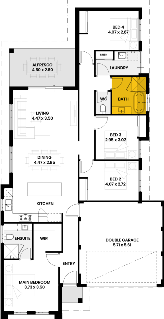 Floor plan for The Pinnacles house design, highlighting the bath area.