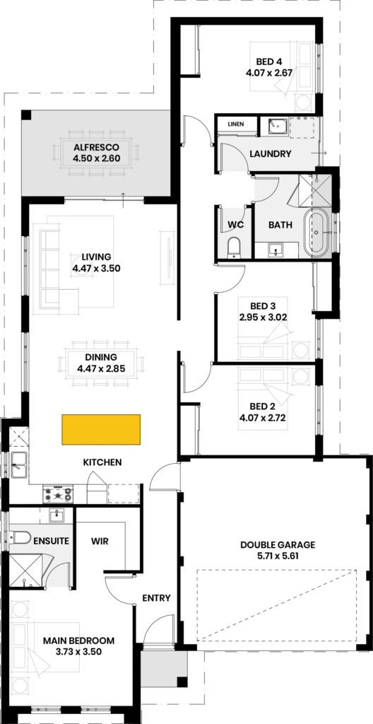 Floor plan of a four-bedroom home with living, dining, kitchen, alfresco, and double garage.