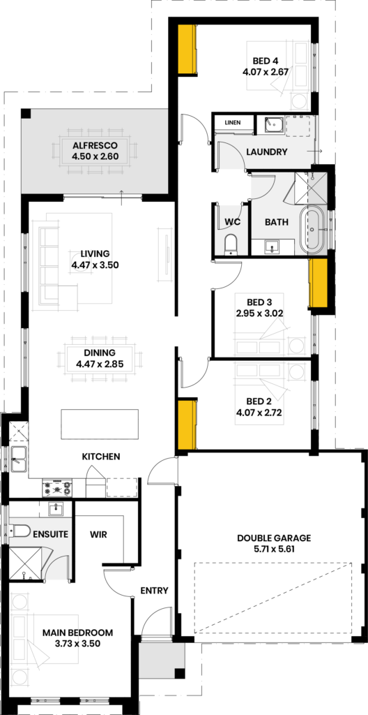 Floor plan for The Pinnacles house design, featuring four bedrooms, double garage, and alfresco area.