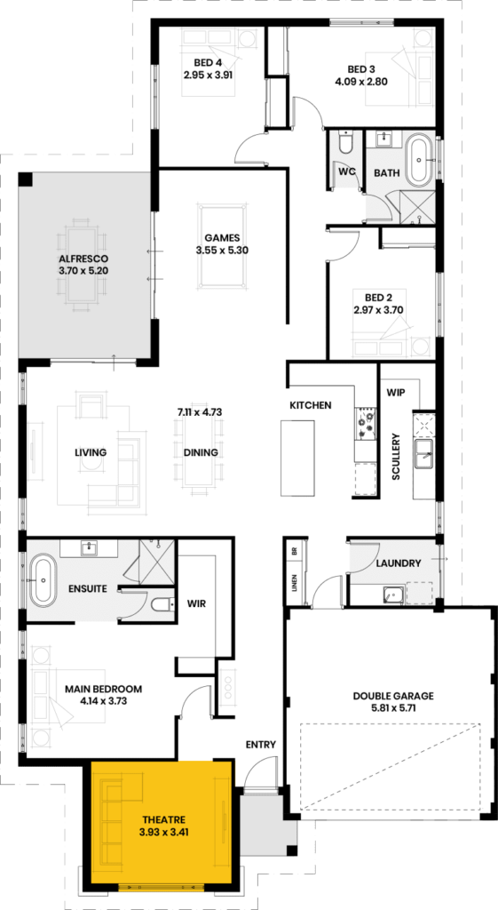 Floor plan highlighting the theatre room with dimensions 3.93 x 3.41.