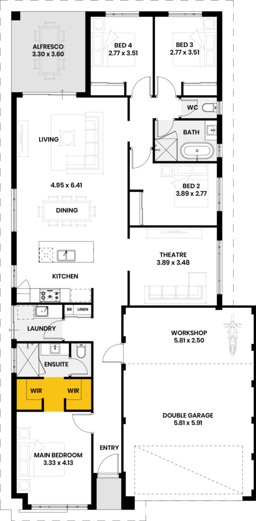 Floor plan of the Twilight Bay home design, showing four bedrooms, living areas, and a double garage.