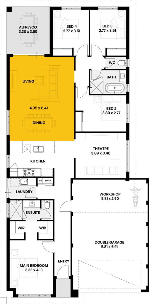 Floor plan highlighting the open-plan living and dining area of the Twilight Bay home.