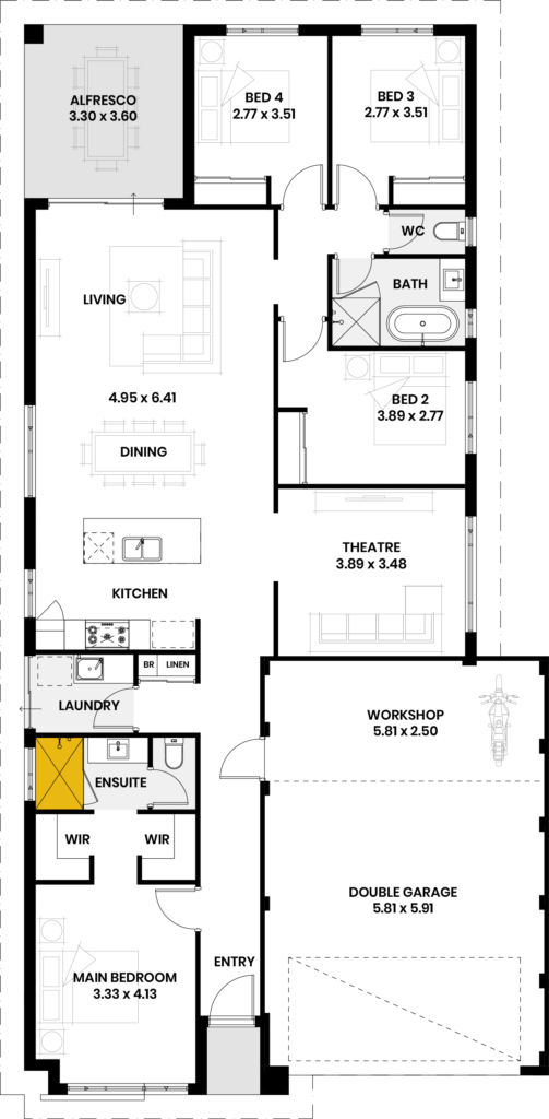 Floor plan of the Twilight Bay home design, showing four bedrooms, living, dining, kitchen, and double garage.