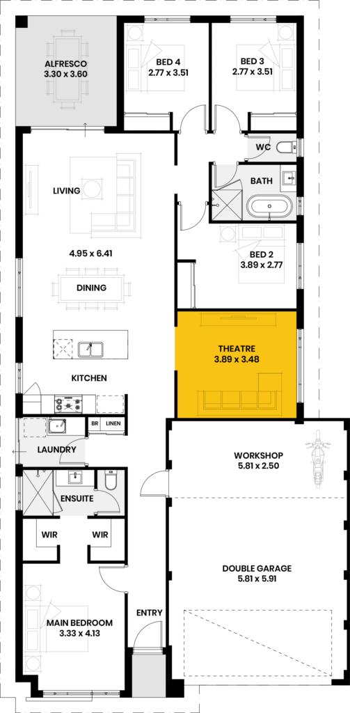 Floor plan of The Twilight Bay house design with theatre room highlighted.