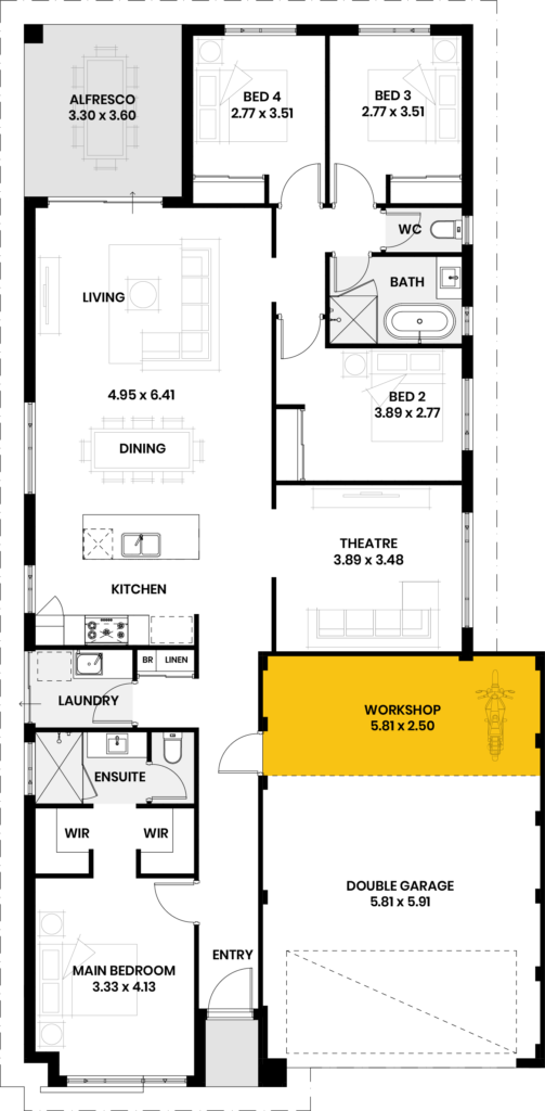 Floor plan of the Twilight Bay home design, highlighting the workshop and double garage.
