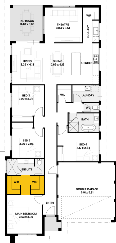 Floor plan showing the layout of a house with rooms including main bedroom, ensuite, WIR, living, dining, kitchen, and