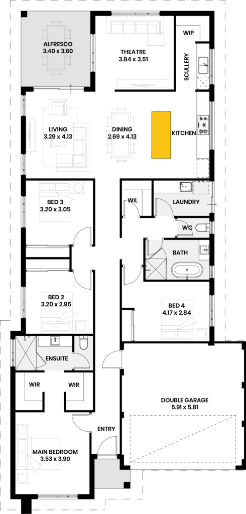 Floor plan showing a four-bedroom home with living, dining, theatre, alfresco, and double garage.
