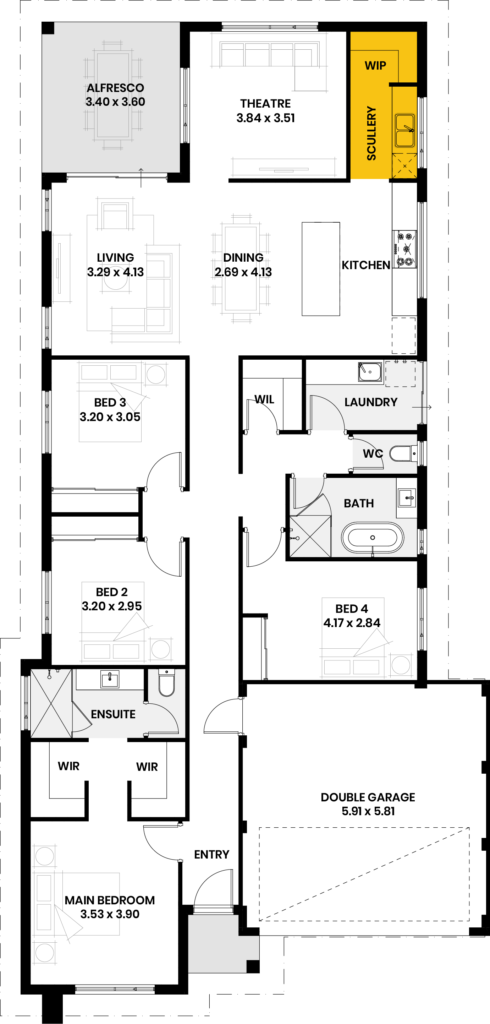 Floor plan of the Wave Rock house design, showing four bedrooms, living, dining, and double garage.