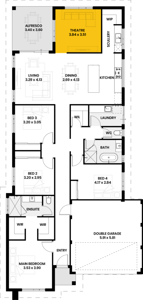 Floor plan highlighting the theatre room and its dimensions of 3.84 x 3.51.