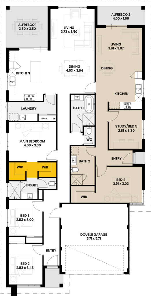 Floor plan of the Wedge Island home design showing living areas, bedrooms, kitchen, and garage.