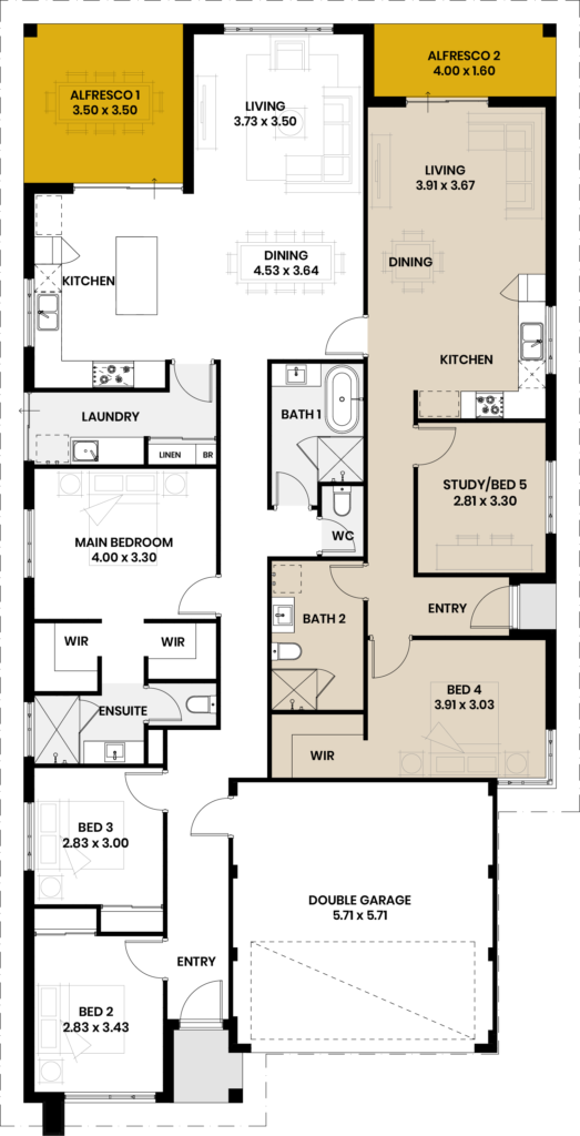 Floor plan of the Wedge Island home design, showing living areas, bedrooms, and alfresco spaces.