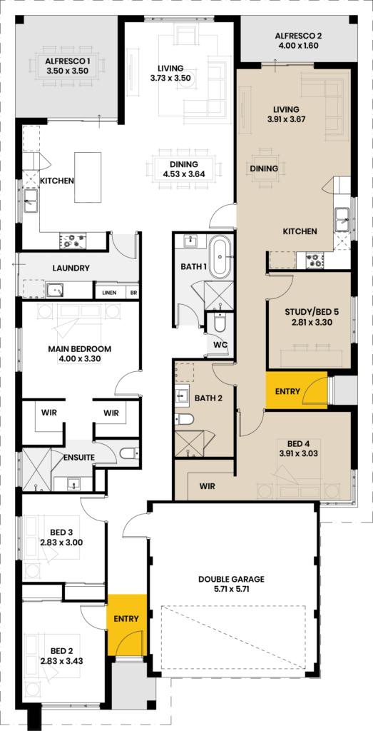 Floor plan of the Wedge Island home design showing multiple bedrooms, living areas, kitchen, dining, and double garage.