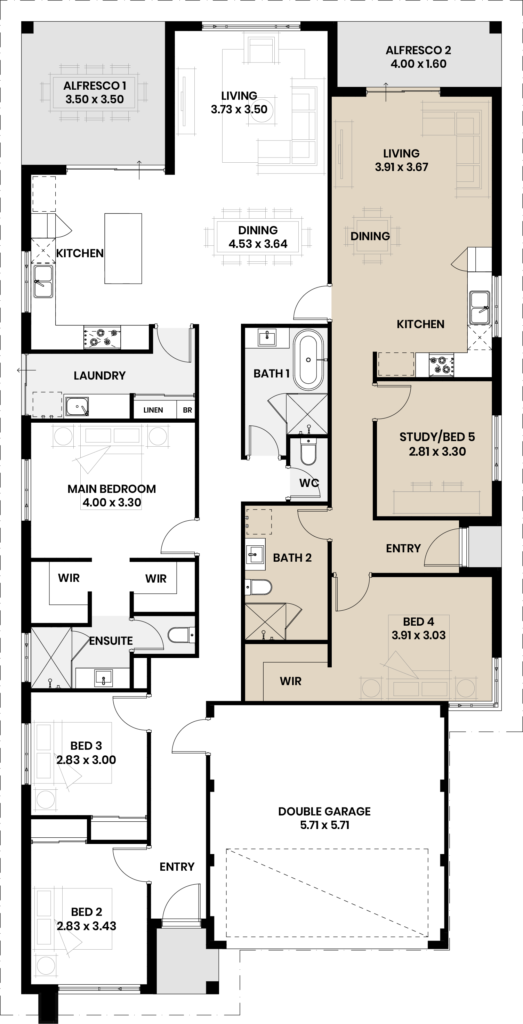 Floor plan of the Wedge Island multi-generational home design with room dimensions.