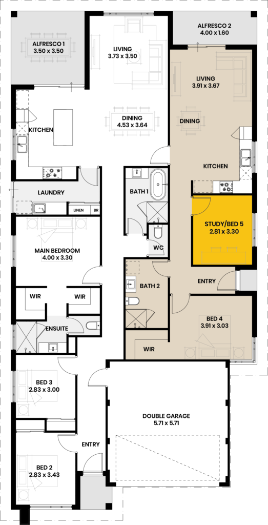 Floor plan of the Wedge Island home design, showing rooms and dimensions.