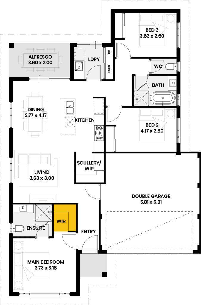 Floor plan of the Yardie Creek home design showing three bedrooms, ensuite, WIR, double garage, and alfresco area.