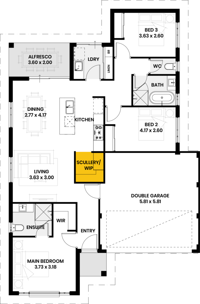 Floor plan of the Yardie Creek house design, highlighting the scullery and WIP.