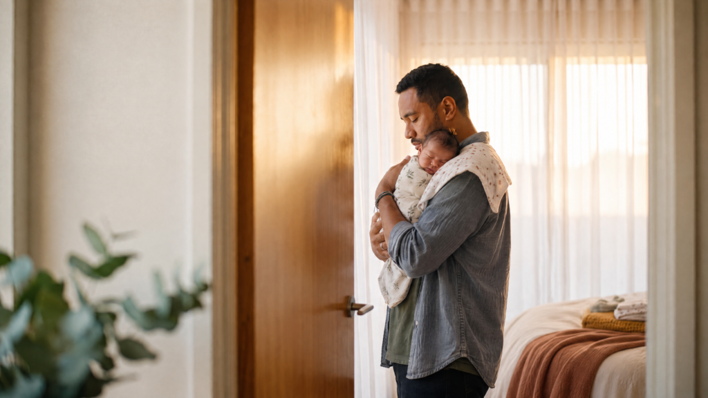 A father cradles his newborn baby in his arms.